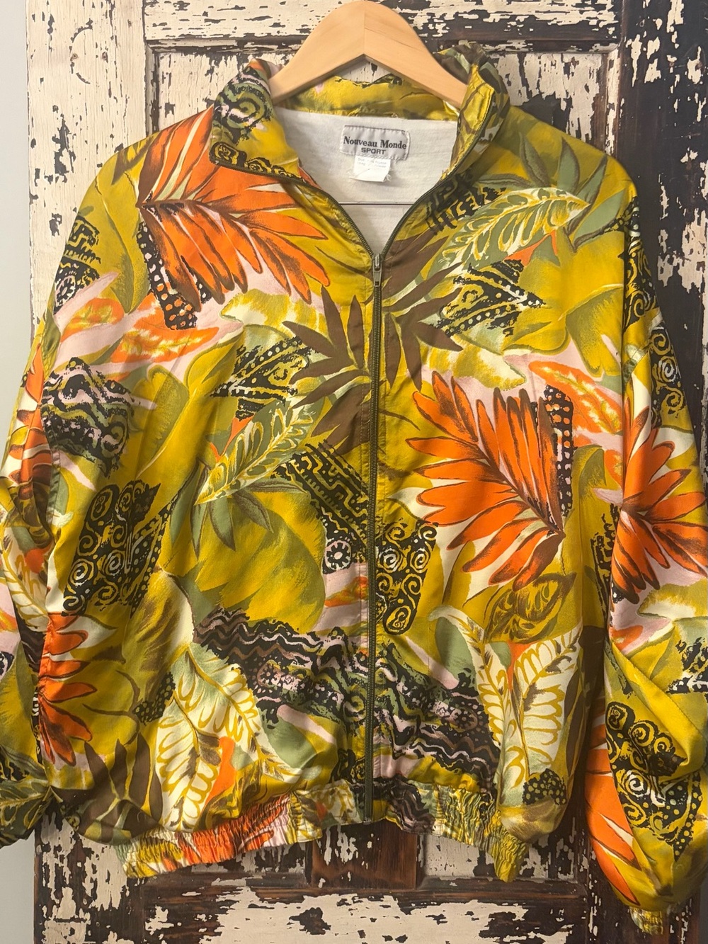 Vintage Nouveau Mode Sport Women's Floral Zip-Front Jacket in Yellow & Orange L